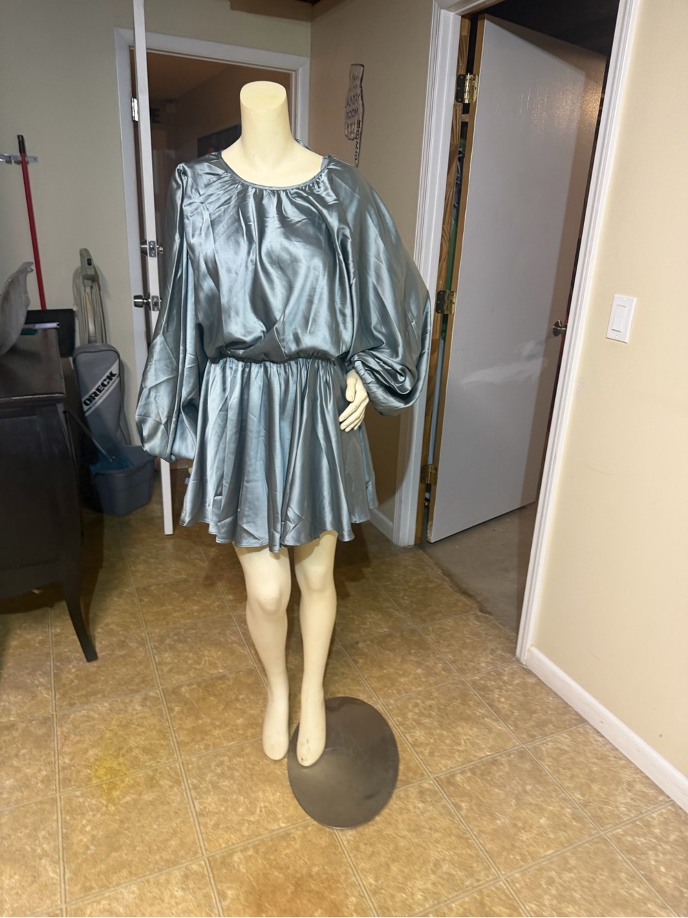 AKIRA Silky Steel Blue Puff-Sleeve Mini Dress